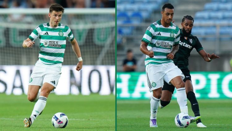 Kieran Tierney on the ball during Celtic's friendly against Sporting CP, Adam Idah holds off a Sporting CP defender during Celtic's latest friendly