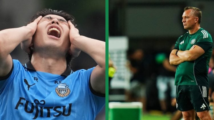 A split image of Shin Yamada screaming whilst in action for Kawasaki Frontale and Brendan Rodgers watching on as the Celtic manager against Sportin...