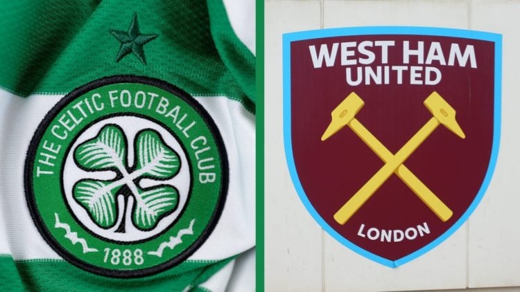 A split image of the Celtic and West Ham United badges.