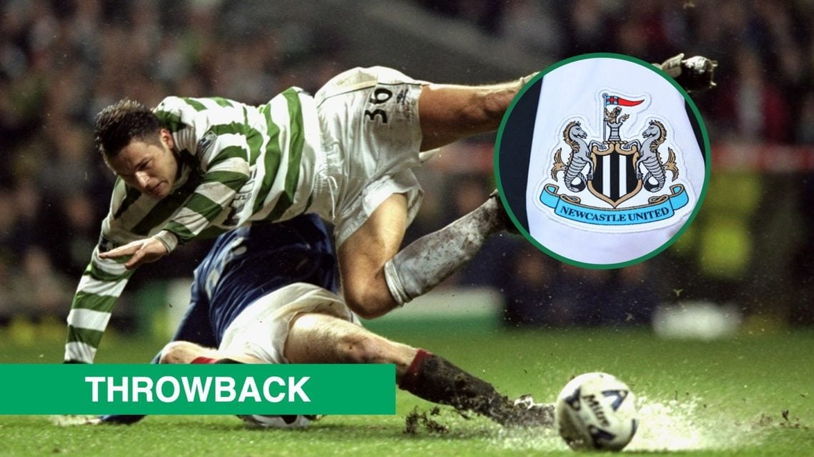 Mark Viduka of Glasgow Celtic is tackled by Craig Moore of Glasgow Rangers, an inset of the detailed view of the Newcastle badge