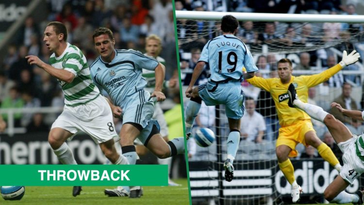 Scott Brown and Steve Harper battle during Newcastle United vs Celtic left and Albert Luque scores for Newcastle against Celtic right