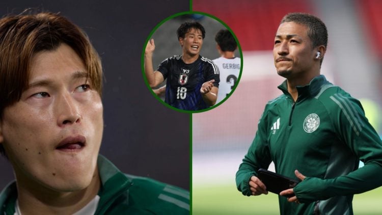 Split image of Kyogo Furuhashi and Daizen Maeda in action for Celtic with an overlay of Celtic-bound Shin Yamada playing for Japan.