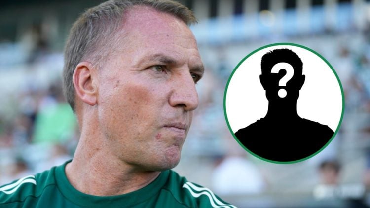 Brendan Rodgers looks on before Celtic play Sporting CP at the Estadio Algarve left with mystery player overlay inset right