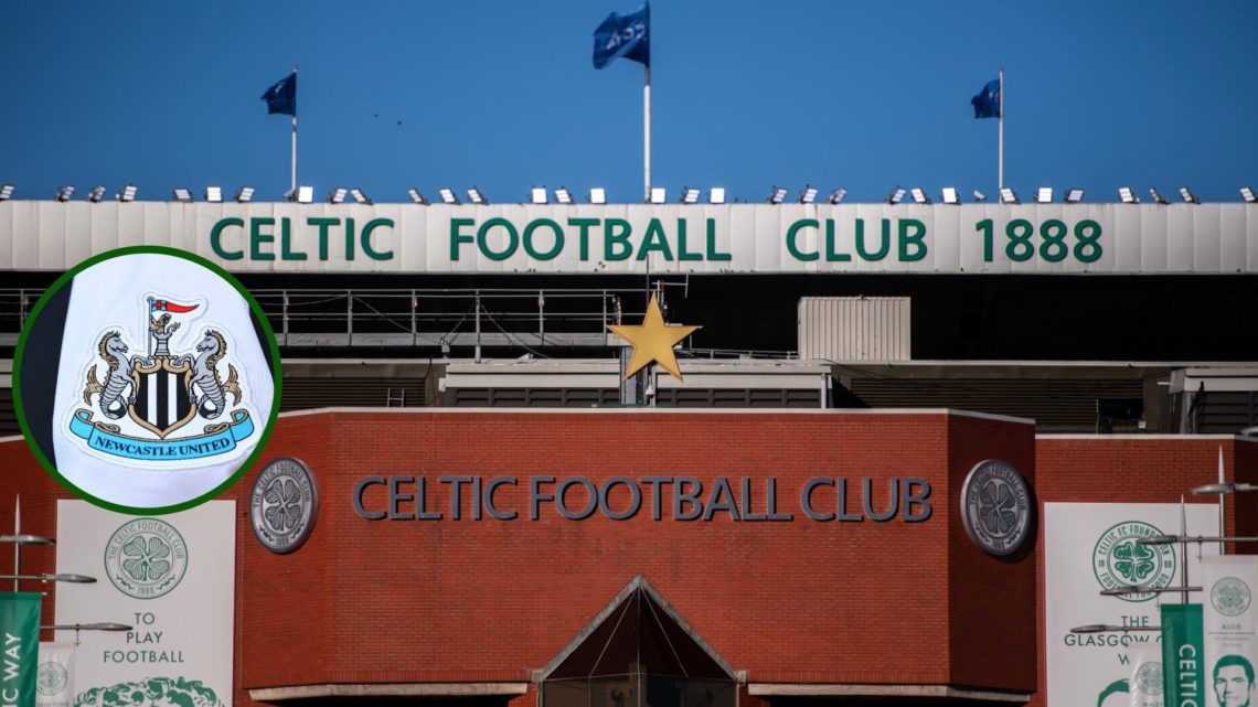 Image of Celtic Park prior to Champions League fixture with Slovan Bratislava with an overlay of the Newcastle United badge.