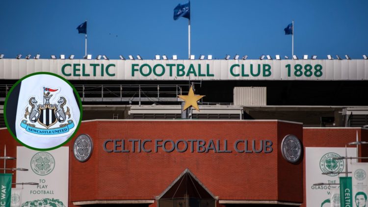Image of Celtic Park prior to Champions League fixture with Slovan Bratislava with an overlay of the Newcastle United badge.