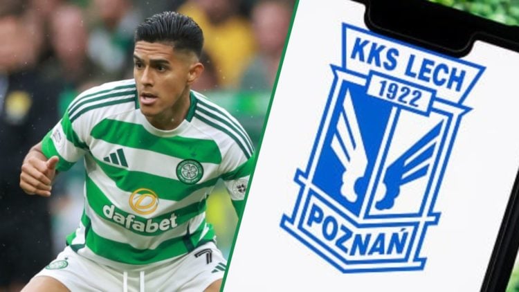 Luis Palma in action for Celtic against Kilmarnock left and Lech Poznan badge shown on a mobile phone right