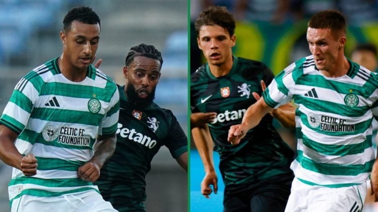 Split image of Celtic strikers Adam Idah (L) and Johnny Kenny (R) playing in the friendly win over Sporting CP