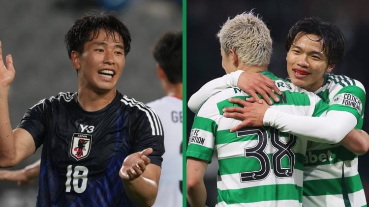 Left: Shin Yamada playing for the Japanese national team against Hong Kong. Right: Daizen Maeda and Reo Hatate embrace during Celtic's Scottish Pre...