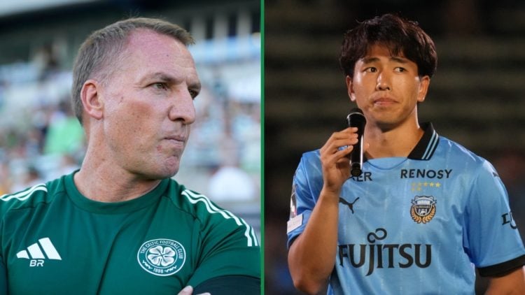 Left: Brendan Rodgers looks on from the touchline before Celtic's pre-season friendly against Sporting CP. Right: Shin Yamada makes a speech to the...
