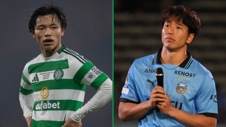 Left: Reo Hatate looks on while playing for Celtic against Rangers. Right: Shin Yamada addresses the crowd after his final game for Kawasaki Frontale.