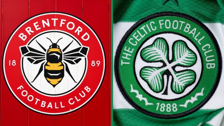 Left: A close up view of the Brentford badge. Right: A close up view of the Celtic badge.