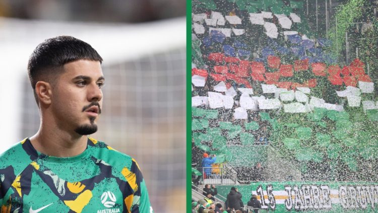 A split image of Marco Tilio warming up for Australia against Ecuador and SK Rapid fans against Red Bull Salzburg.
