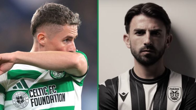 Luke McCowan wipes his mouth during Atalanta vs Celtic left and Greg Taylor being unveiled as PAOK's new signing right