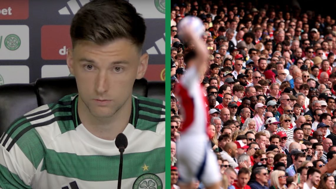 A split image of Kieran Tierney at a Celtic press conference, including Arsenal fans watching on as Kieran Tierney takes a throw-in.