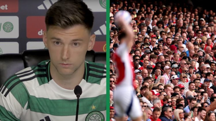 A split image of Kieran Tierney at a Celtic press conference, including Arsenal fans watching on as Kieran Tierney takes a throw-in.