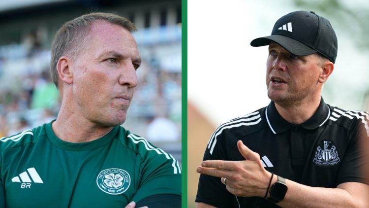 A split image of Brendan Rodgers as the Celtic manager, and Eddie Howe in Newcastle United training.