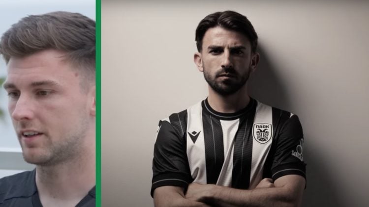 Kieran Tierney talking to Celtic TV, including Greg Taylor posing as a new PAOK player.