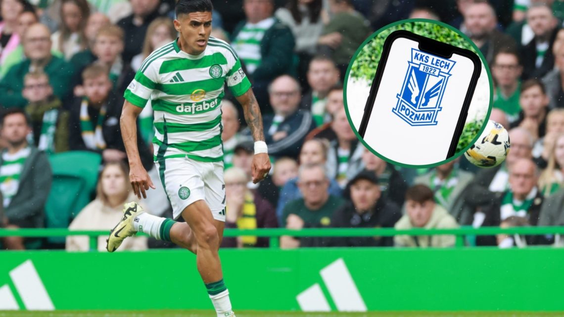 Luis Palma on the ball for Celtic vs Kilmarnock in the Scottish Premiership, an inset of a detailed view of the Lech Poznan badge
