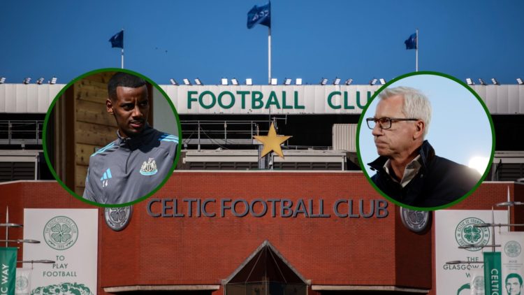 Image of Celtic Park from The Celtic Way with an overlay of Newcastle United's Alexander Isak and former Newcastle manager Alan Pardew.
