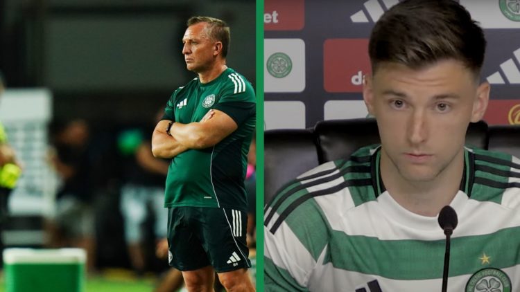 A split image of Celtic manager Brendan Rodgers looking on from the touchline, and Kieran Tierney at a press conference.