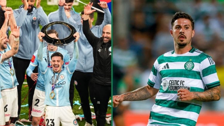Marco Tilio celebrates with his Melbourne City teammates by lifting the A League Grand Final trophy, Marco Tilio in action for Celtic during a pre-...
