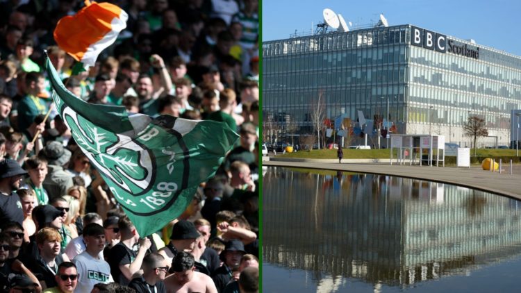 Split image of Celtic fans enjoying the Scottish Cup final and the BBC Scotland headquarters.
