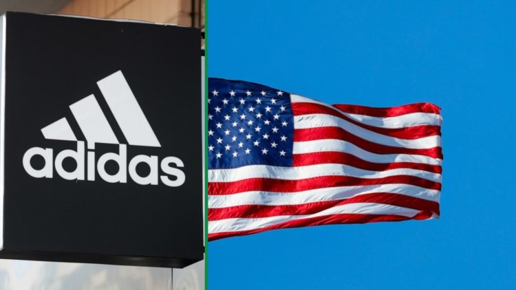 adidas logo shown on the outside of a shop left and the American flag blowing in the wind in Santa Clara, California