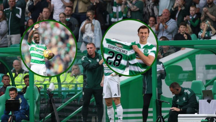 Split image of Celtic heroes Moussa Dembele and Erik Sviatchenko as both react to Kieran Tierney's unveiling at Celtic Park.