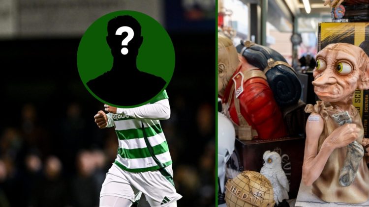 Split image of young ex-Celtic star Lewis Dobbie in action against Sligo Rovers in a friendly and popular fictional Harry Potter character Dobbie.