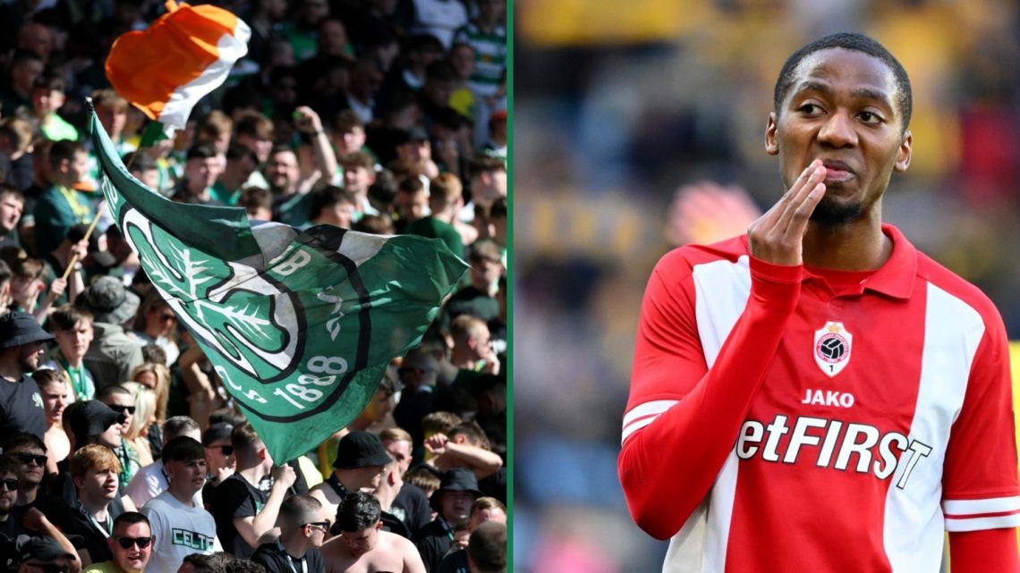 Celtic fans display a flag before the Scottish Cup semi final, Michel-Ange Balikwisha reacts to a decision during a Royal Antwerp fixture