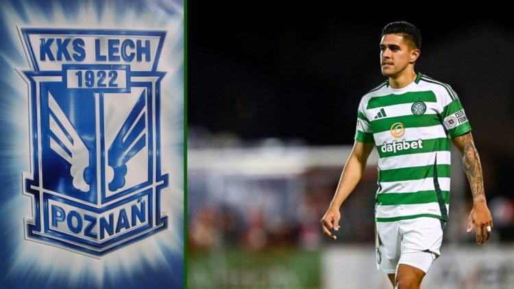 Split image of Celtic winger Luis Palma in action against Sligo Rovers and the Lech Poznan badge.