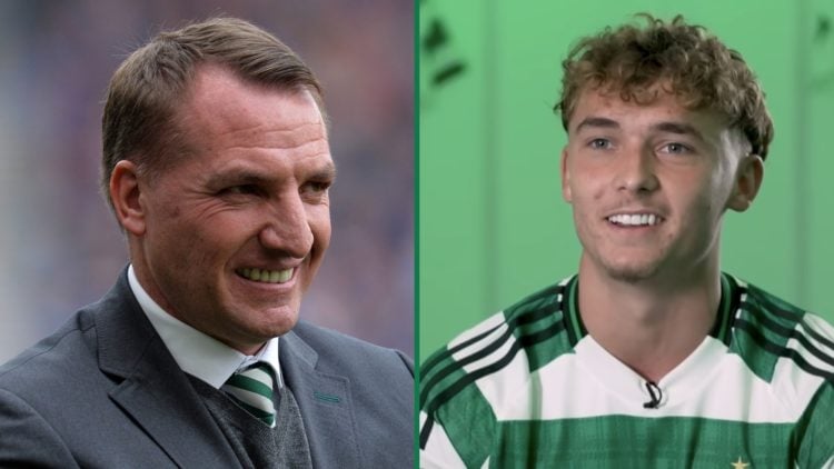 Brendan Rodgers smilles as his Celtic side arrive for the Scottish Cup final, Callum Osmand during an interview with Celtic TV inside the dressing ...