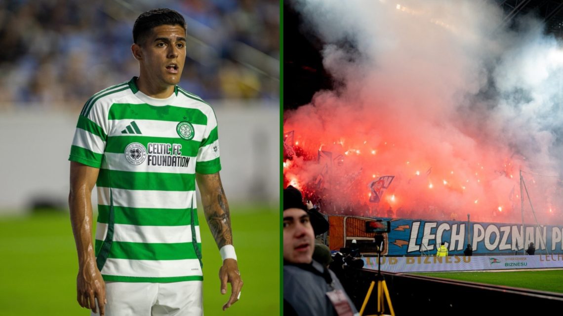 Split image of Luis Palma in action for Celtic against Manchester City and Lech Poznan fans.