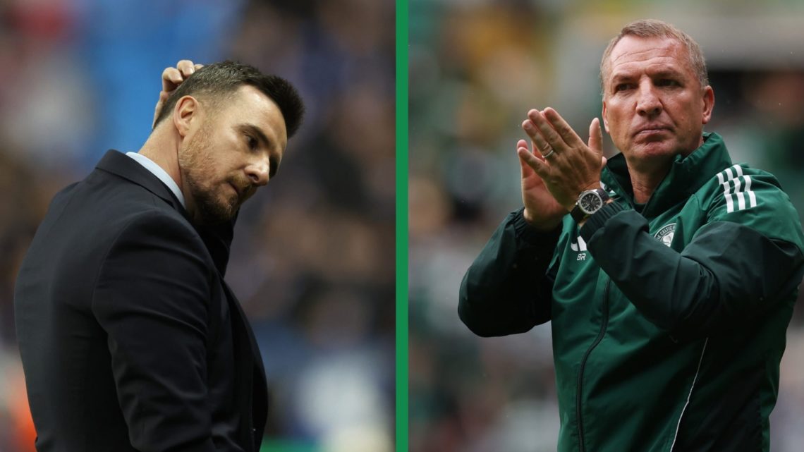 A split image of Barry Ferguson as the Rangers manager and Brendan Rodgers thanking the Celtic fans after Celtic v Newcastle United Pre-Season Frie...