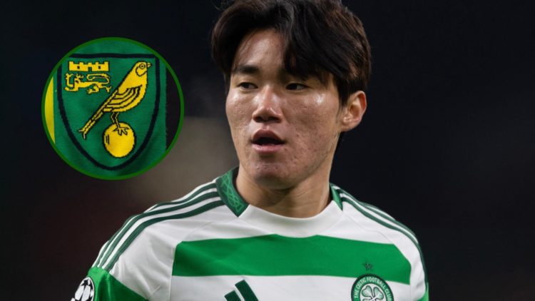 Celtic winger Hyunjun Yang in action in the Champions League and an overlay of a Norwich City badge.