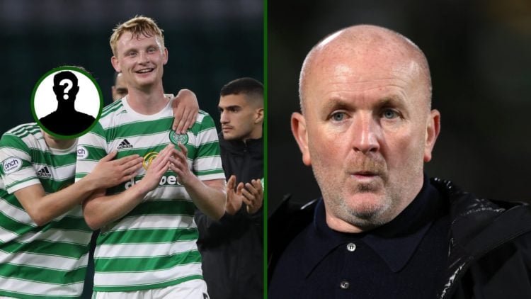 Split image of Adam Montgomery celebrating a Celtic win with Liam Scales at Celtic Park and Livingston manager David Martindale.