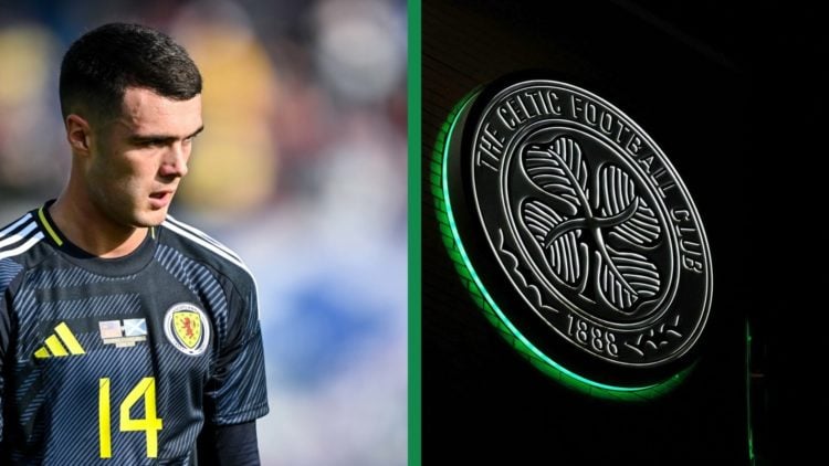 A split image of Lennon Miller in action for Scotland and an outside view of Celtic Park.