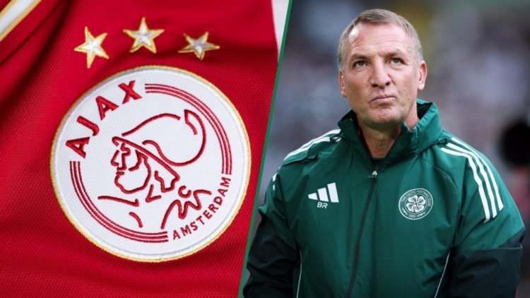 A detailed view of the Ajax badge on the front of a shirt, Brendan Rodgers looks on before Celtic's pre-season friendly against Newcastle United
