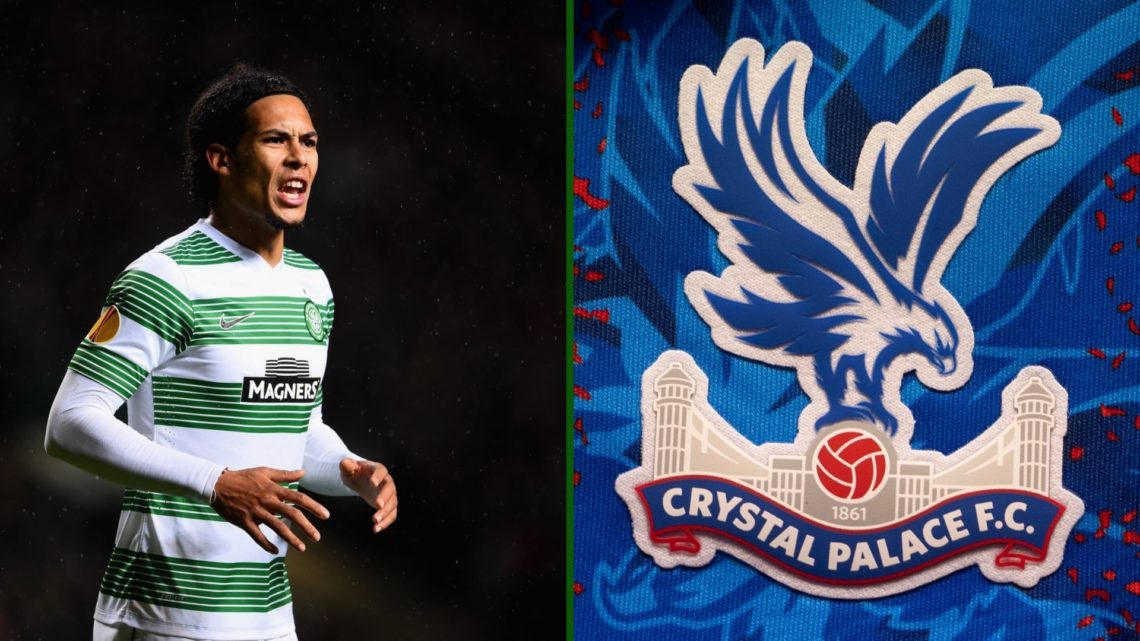 Split image of Liverpool hero Virgil van Dijk in action for Celtic and the Crystal Palace badge.