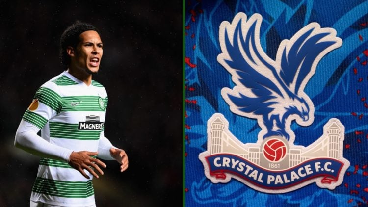 Split image of Liverpool hero Virgil van Dijk in action for Celtic and the Crystal Palace badge.
