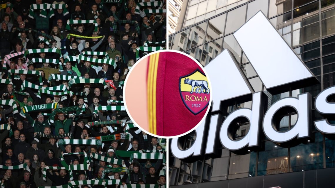 Three-way image of Celtic fans inside Celtic Park and the Adidas logo with an overlay of the AS Roma badge.