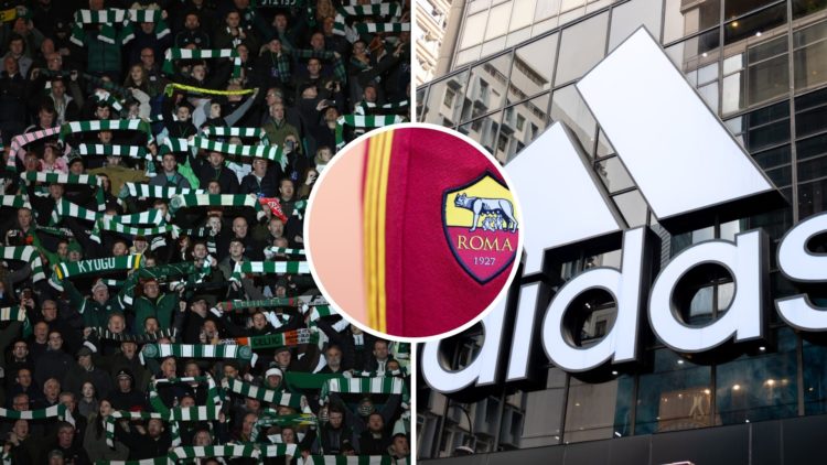 Three-way image of Celtic fans inside Celtic Park and the Adidas logo with an overlay of the AS Roma badge.