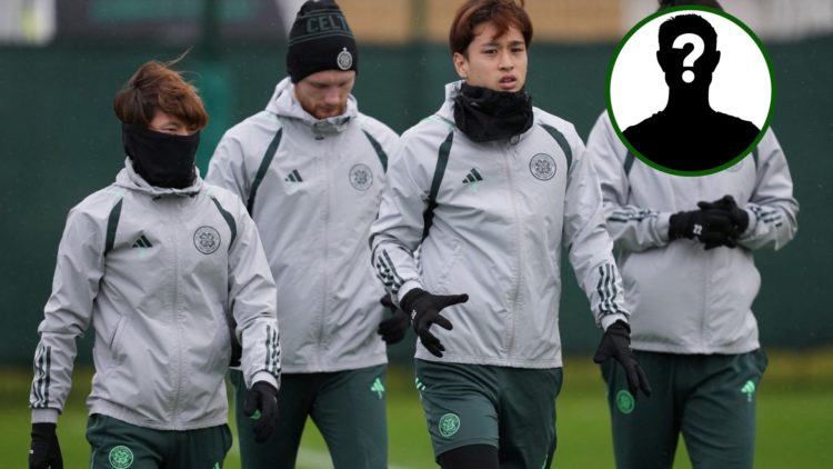 Image of Celtic midfielder Hyeokkyu Kwon in training with Kyogo Furuhashi and Yuki Kobayashi.