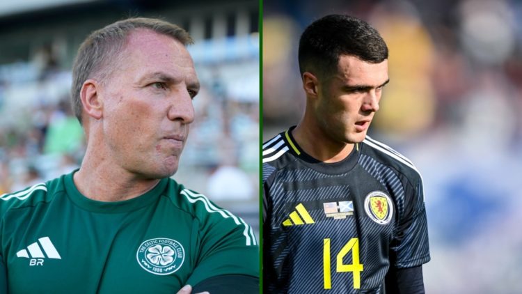 Split image of Brendan Rodgers in the dugout for Celtic's friendly win over Sporting CP and Motherwell youngster Lennon Miller in action for Scotland.