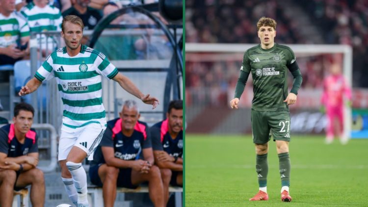Benjamin Nygren runs with the ball during Sporting CP vs Celtic, Arne Engels in action during Bayern Munich vs Celtic