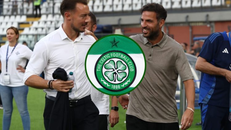 Al-Ahli SFC coach Matthias Jaissle and Como 1907 coach Cesc Fabregas before the Como Cup match between Como 1907 and Al-Ahli at Giuseppe Sinigaglia...