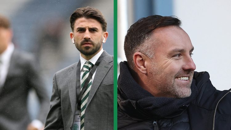 A split image of Greg Taylor looking on at Hampden and Kris Boyd in attendance for Rangers vs Celtic.