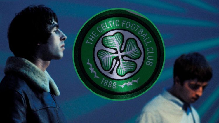 Liam and Noel Gallagher of Oasis performing for the White Room TV show in 1995 with Celtic badge centre inset
