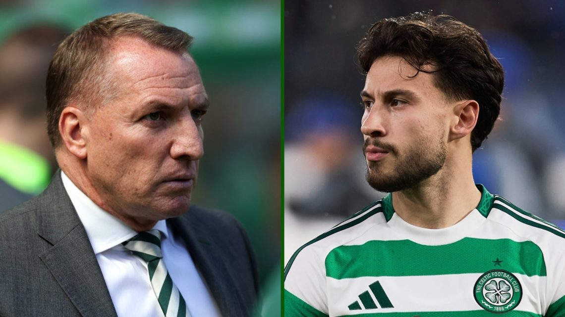 Split image of Celtic manager Brendan Rodgers and Como's Nicholas Kuhn who was playing for Celtic in the Champions League last season against Atala...