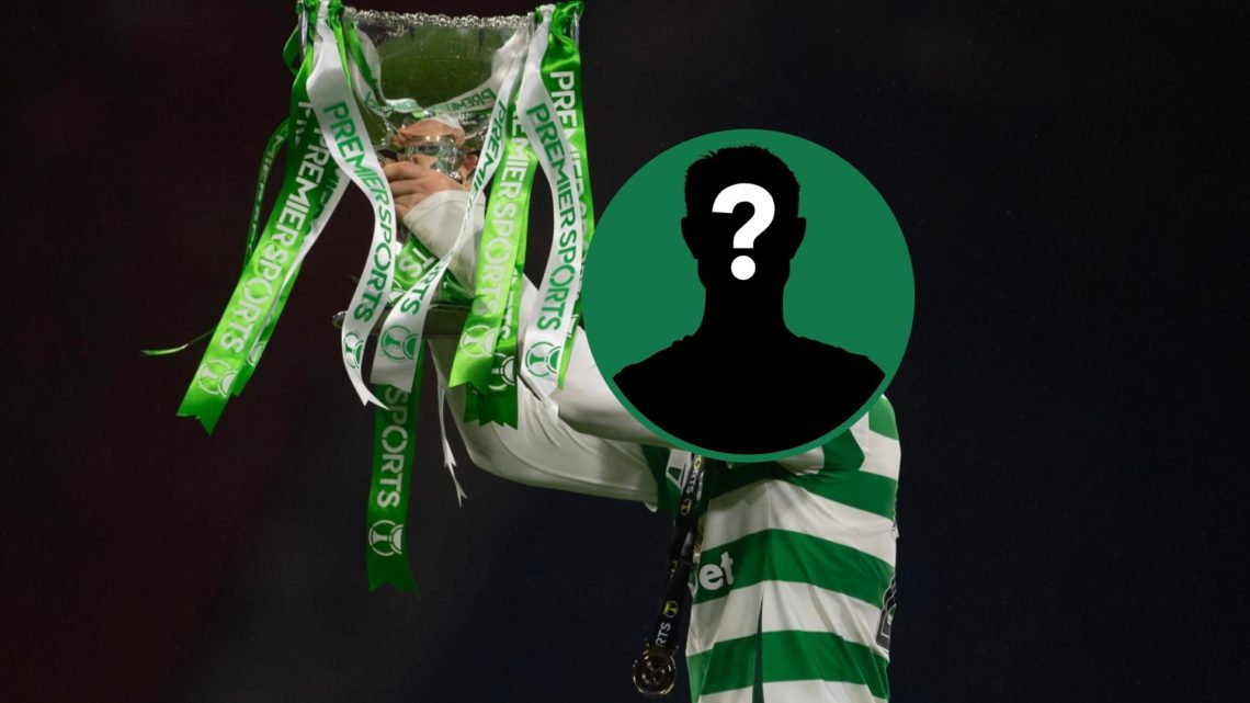 Arne Engels lifts the Premier Sports Cup after Celtic v Rangers, an inset of a mystery man